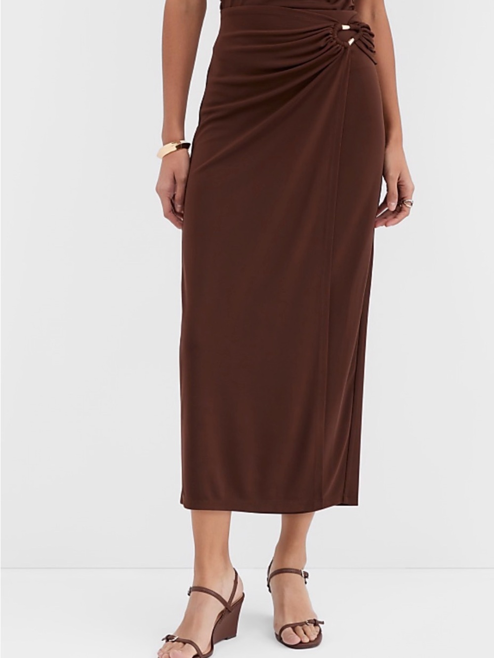 LOFT Chocolate Brown O-Ring Ruched Side Wrap Midi Skirt High Waist Draped